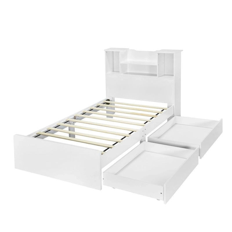 Twin Storage Platform Bed with 4-Shelf Headboard & 2 Drawers – Grey / White, Pine & MDF, Single
