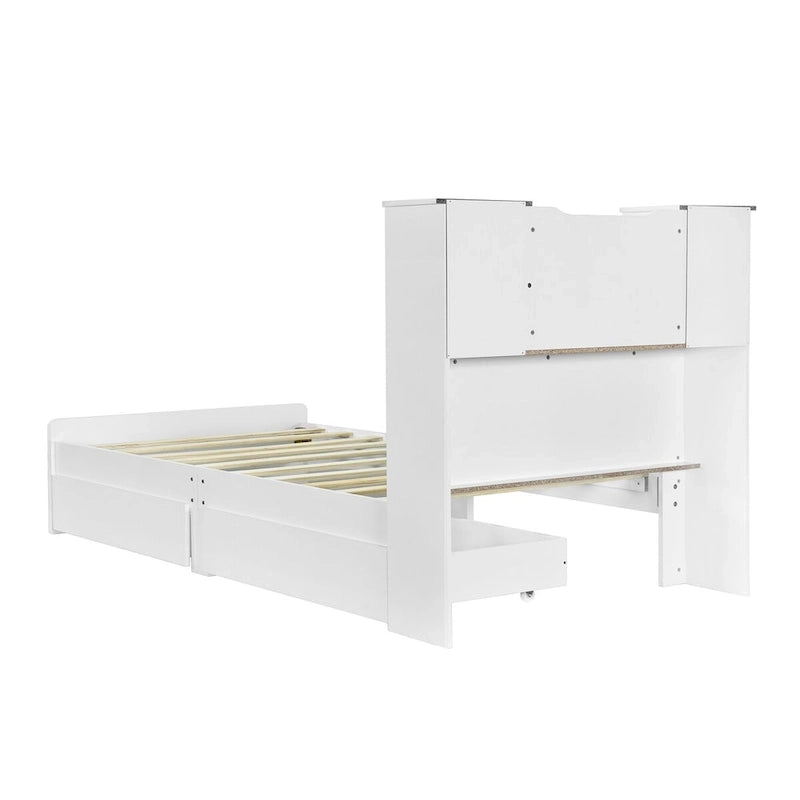 Twin Storage Platform Bed with 4-Shelf Headboard & 2 Drawers – Grey / White, Pine & MDF, Single