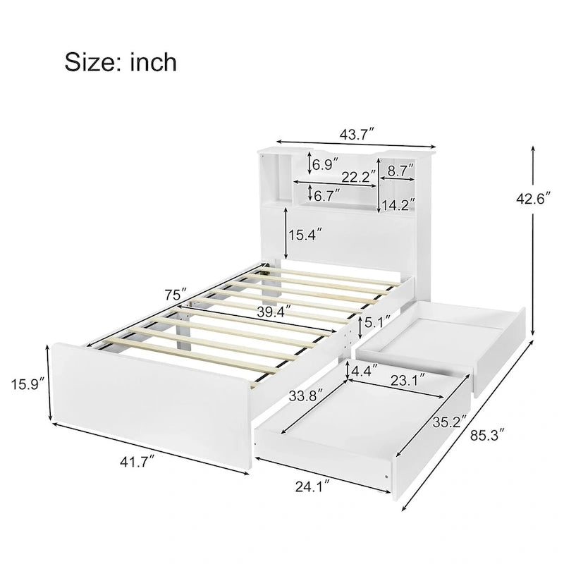 Twin Storage Platform Bed with 4-Shelf Headboard & 2 Drawers – Grey / White, Pine & MDF, Single