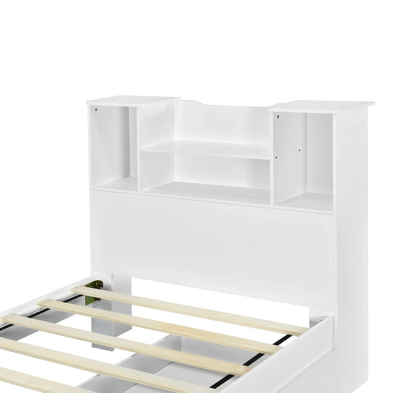 Twin Storage Platform Bed with 4-Shelf Headboard & 2 Drawers – Grey / White, Pine & MDF, Single
