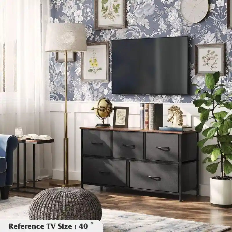 5-Drawer Dresser with Wood Top – Pink & Rose Gold / Rustic Brown / Black & Brown / White, Steel Frame, Single