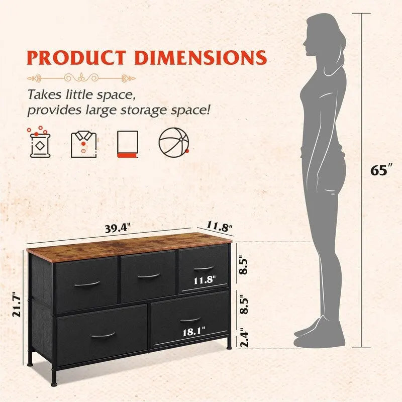 5-Drawer Dresser with Wood Top – Pink & Rose Gold / Rustic Brown / Black & Brown / White, Steel Frame, Single