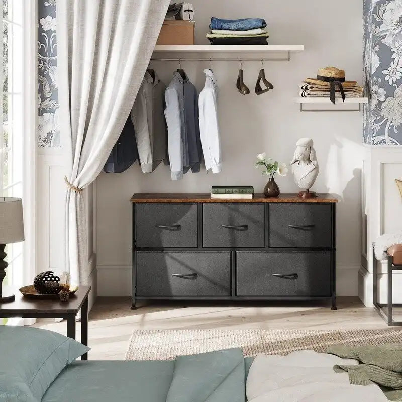 5-Drawer Dresser with Wood Top – Pink & Rose Gold / Rustic Brown / Black & Brown / White, Steel Frame, Single