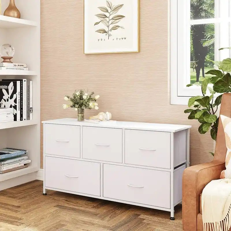 5-Drawer Dresser with Wood Top – Pink & Rose Gold / Rustic Brown / Black & Brown / White, Steel Frame, Single