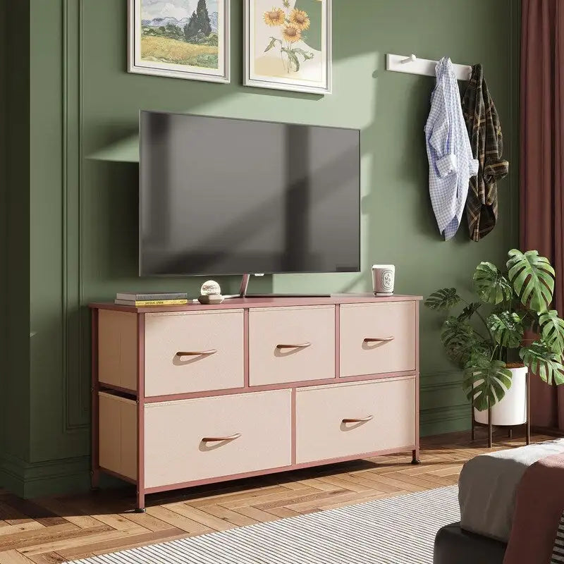 5-Drawer Dresser with Wood Top – Pink & Rose Gold / Rustic Brown / Black & Brown / White, Steel Frame, Single