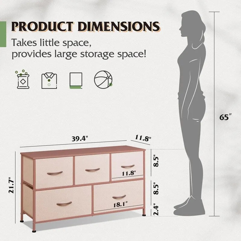 5-Drawer Dresser with Wood Top – Pink & Rose Gold / Rustic Brown / Black & Brown / White, Steel Frame, Single