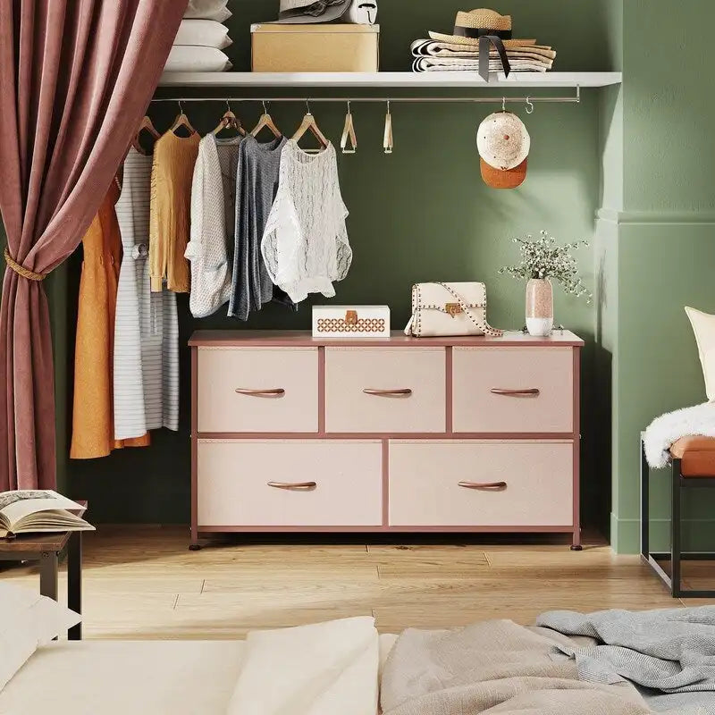 5-Drawer Dresser with Wood Top – Pink & Rose Gold / Rustic Brown / Black & Brown / White, Steel Frame, Single