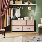 5-Drawer Dresser with Wood Top – Pink & Rose Gold / Rustic Brown / Black & Brown / White, Steel Frame, Single