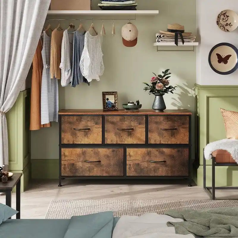 5-Drawer Dresser with Wood Top – Pink & Rose Gold / Rustic Brown / Black & Brown / White, Steel Frame, Single