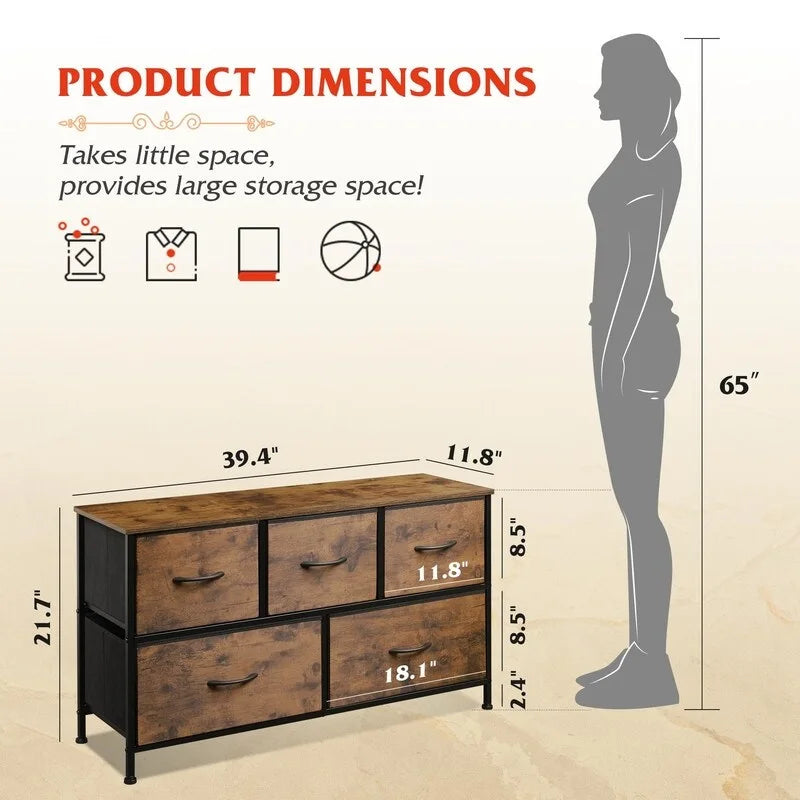 5-Drawer Dresser with Wood Top – Pink & Rose Gold / Rustic Brown / Black & Brown / White, Steel Frame, Single