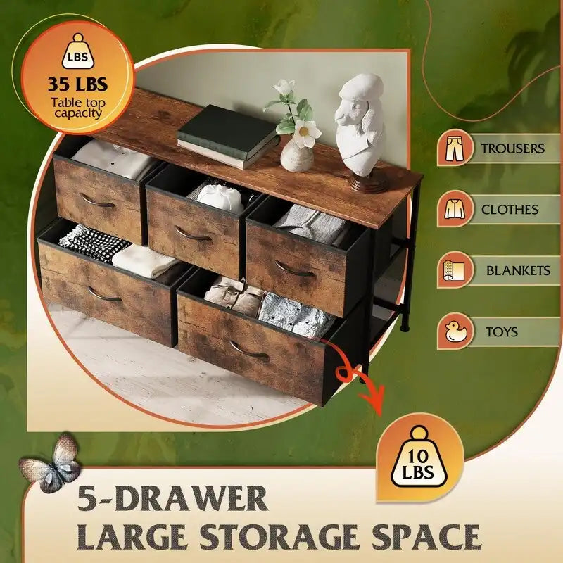 5-Drawer Dresser with Wood Top – Pink & Rose Gold / Rustic Brown / Black & Brown / White, Steel Frame, Single