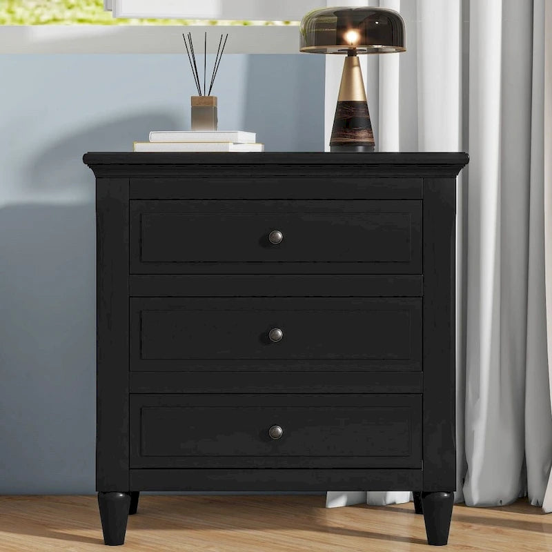 3-Drawer Nightstand – Black / White / Brown / Blue, Wood, Metal Slide Rails, Single