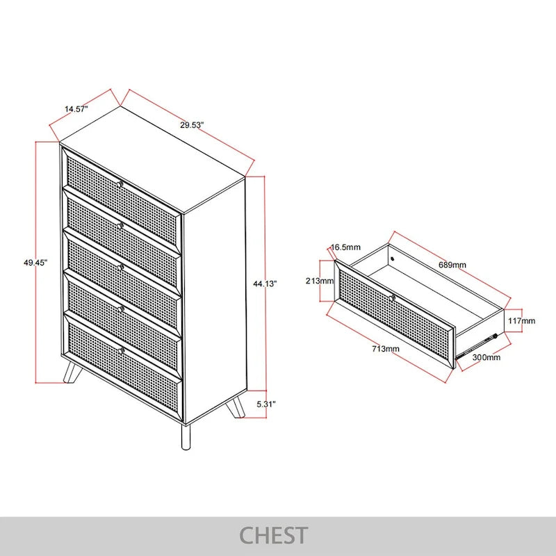 5-Drawer Chest with Cane Panel Drawers – Black, Solid & Engineered Wood, 4 Wood Legs, Single