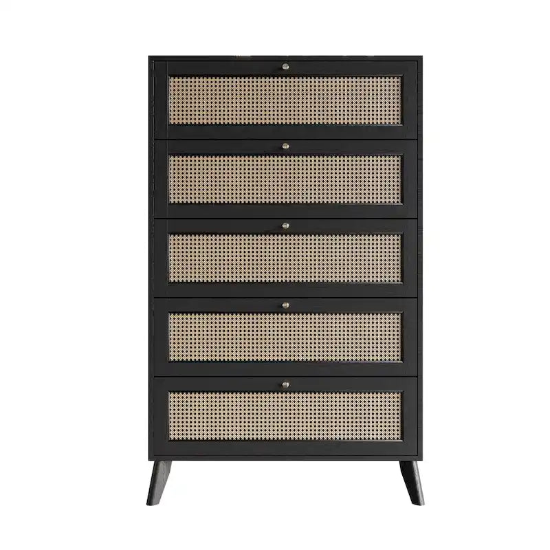 5-Drawer Chest with Cane Panel Drawers – Black, Solid & Engineered Wood, 4 Wood Legs, Single