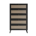 5-Drawer Chest with Cane Panel Drawers – Black, Solid & Engineered Wood, 4 Wood Legs, Single