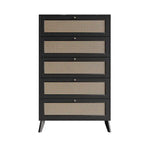 5-Drawer Chest with Cane Panel Drawers – Black, Solid & Engineered Wood, 4 Wood Legs, Single