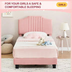 Twin Low Platform Bed with Foam Headboard – Pink / Grey, Velvet, Wood Slats & Metal Frame, Single