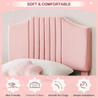 Twin Low Platform Bed with Foam Headboard – Pink / Grey, Velvet, Wood Slats & Metal Frame, Single