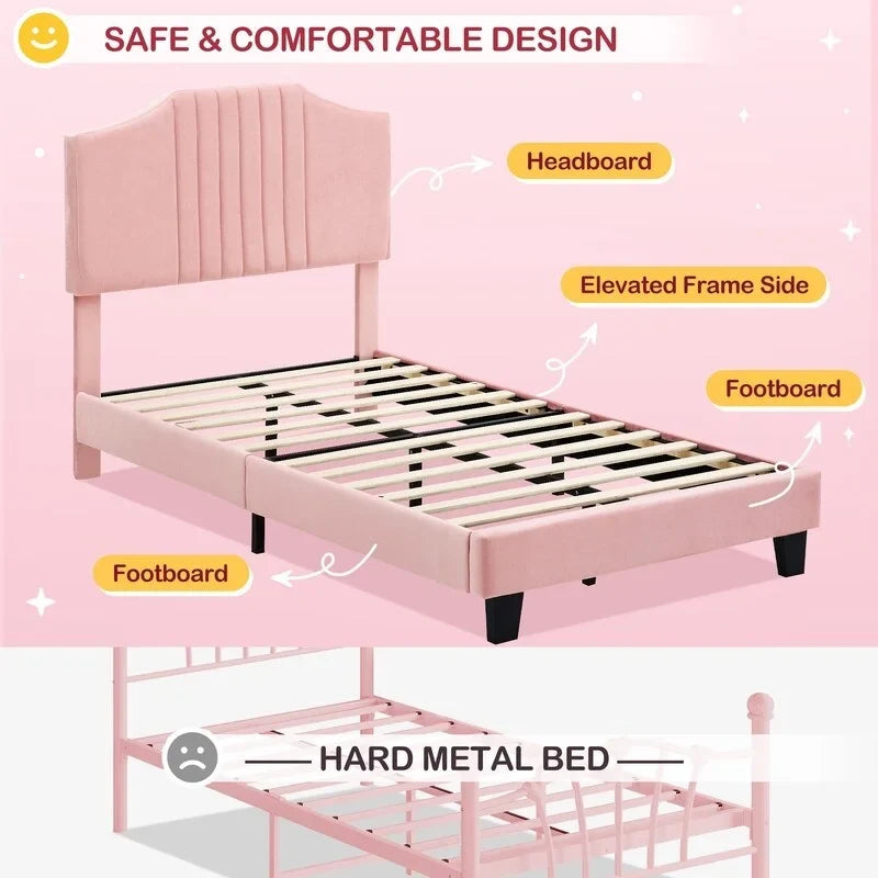 Twin Low Platform Bed with Foam Headboard – Pink / Grey, Velvet, Wood Slats & Metal Frame, Single