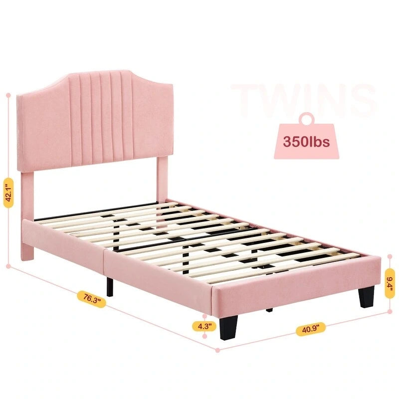 Twin Low Platform Bed with Foam Headboard – Pink / Grey, Velvet, Wood Slats & Metal Frame, Single