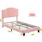 Twin Low Platform Bed with Foam Headboard – Pink / Grey, Velvet, Wood Slats & Metal Frame, Single