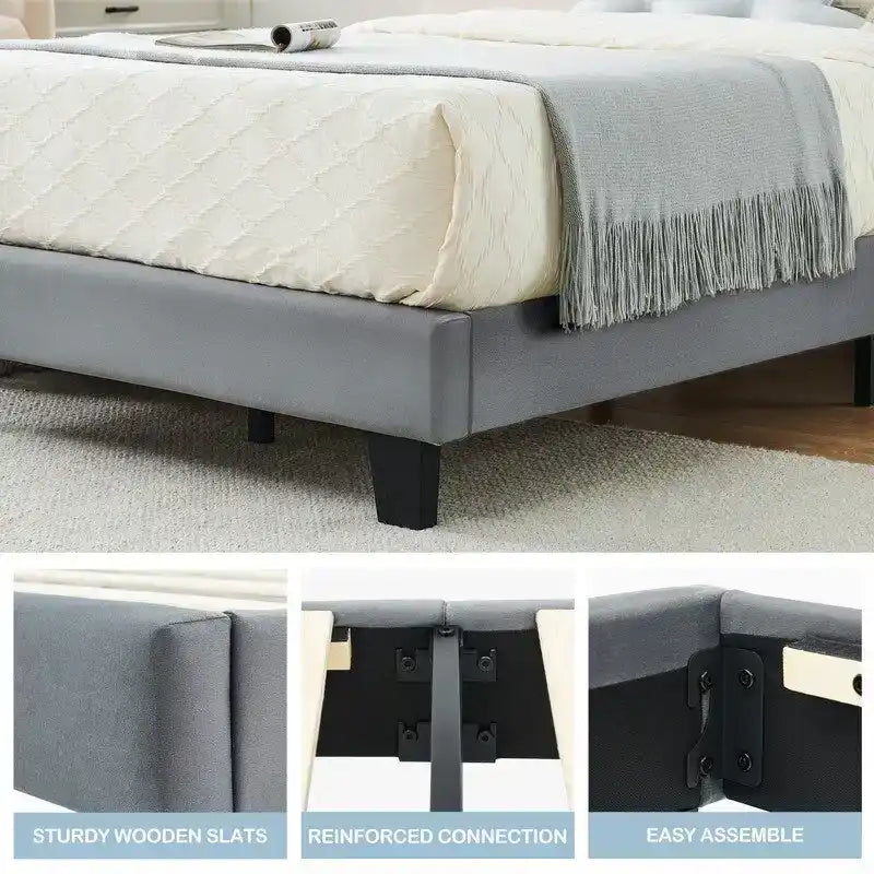 Twin Low Platform Bed with Foam Headboard – Pink / Grey, Velvet, Wood Slats & Metal Frame, Single