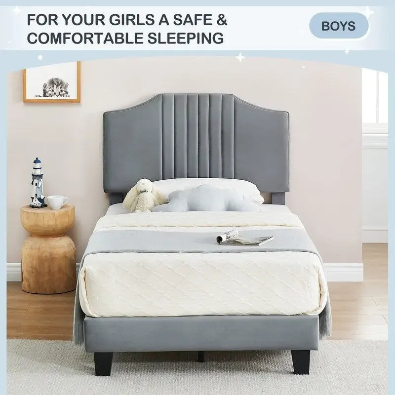 Twin Low Platform Bed with Foam Headboard – Pink / Grey, Velvet, Wood Slats & Metal Frame, Single