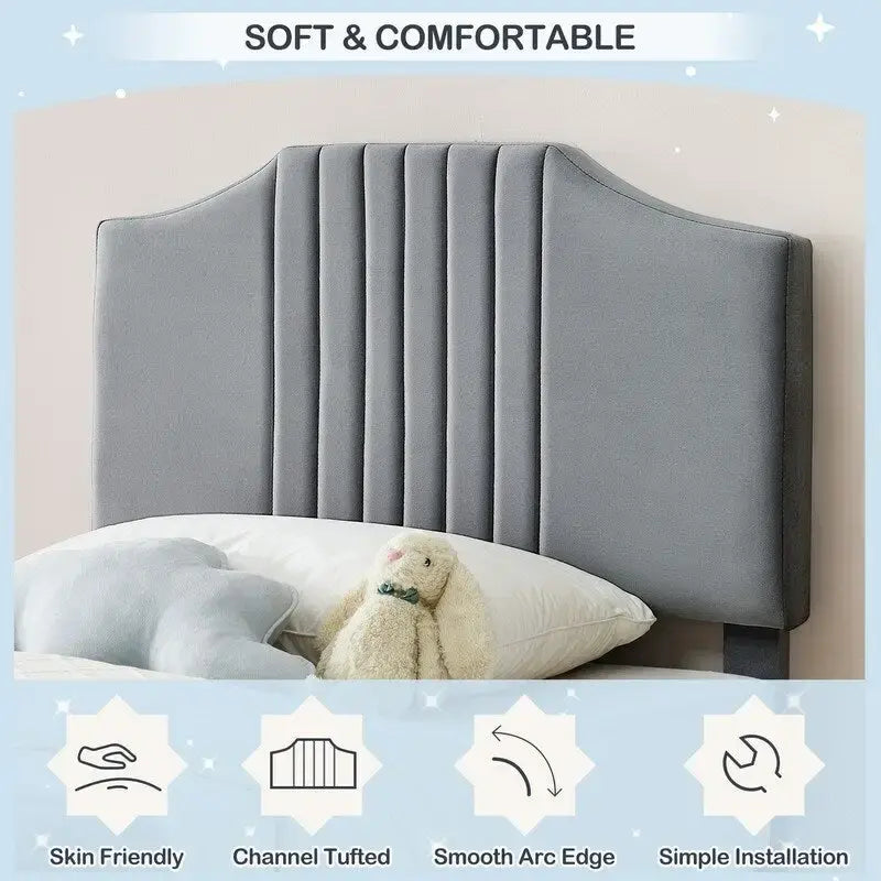 Twin Low Platform Bed with Foam Headboard – Pink / Grey, Velvet, Wood Slats & Metal Frame, Single