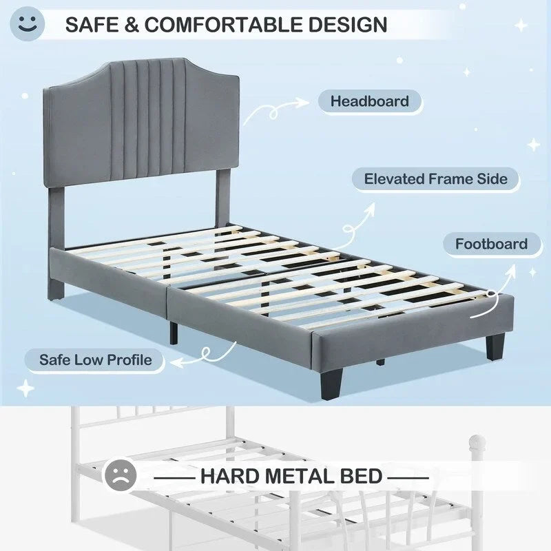 Twin Low Platform Bed with Foam Headboard – Pink / Grey, Velvet, Wood Slats & Metal Frame, Single