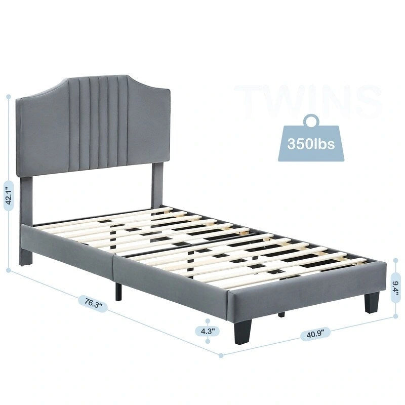 Twin Low Platform Bed with Foam Headboard – Pink / Grey, Velvet, Wood Slats & Metal Frame, Single