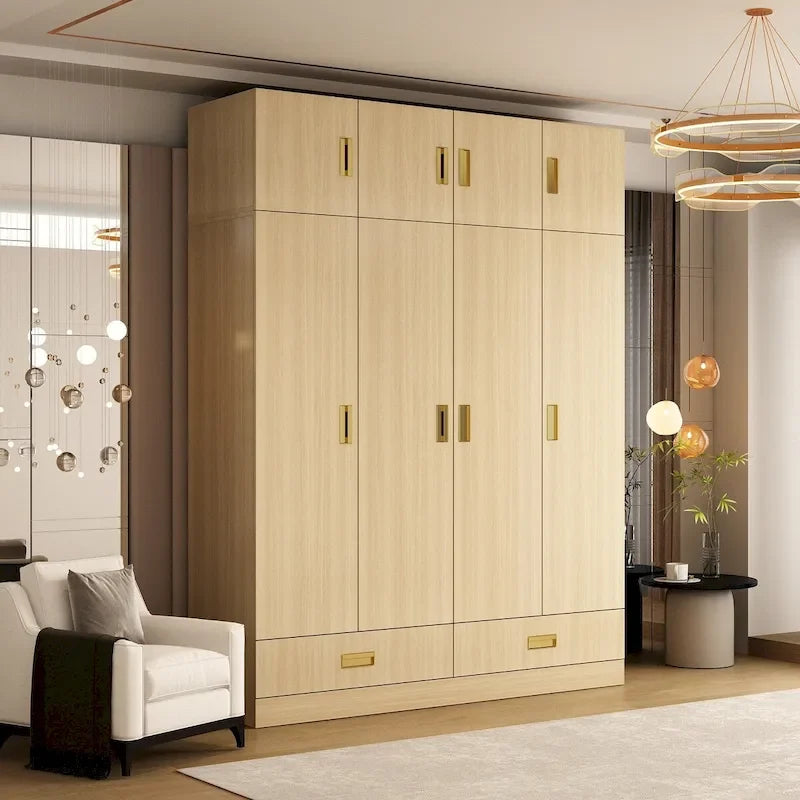 Wooden Wardrobe Closet with Gold Handles – Natural Wood, Adjustable Shelves & Hanging Rod, Single