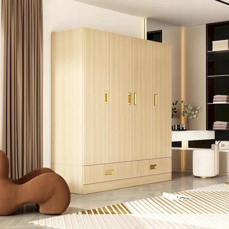 Wooden Wardrobe Closet with Gold Handles – Natural Wood, Adjustable Shelves & Hanging Rod, Single