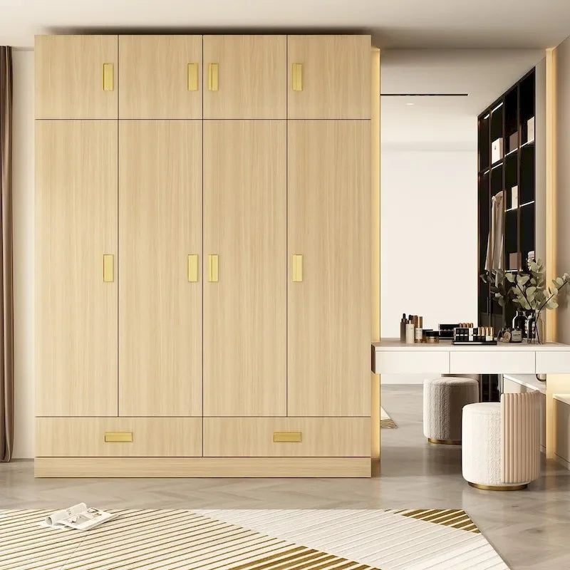 Wooden Wardrobe Closet with Gold Handles – Natural Wood, Adjustable Shelves & Hanging Rod, Single