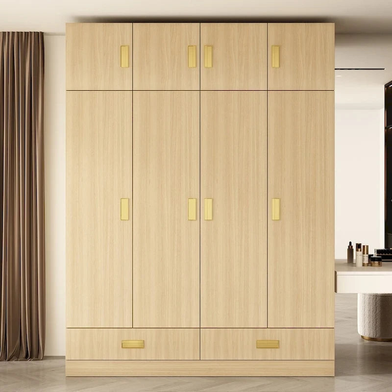 Wooden Wardrobe Closet with Gold Handles – Natural Wood, Adjustable Shelves & Hanging Rod, Single