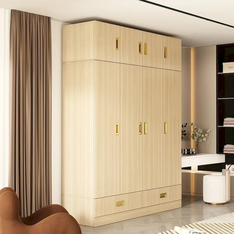 Wooden Wardrobe Closet with Gold Handles – Natural Wood, Adjustable Shelves & Hanging Rod, Single