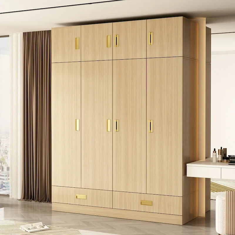 Wooden Wardrobe Closet with Gold Handles – Natural Wood, Adjustable Shelves & Hanging Rod, Single