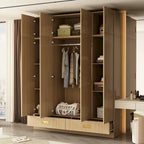 Wooden Wardrobe Closet with Gold Handles – Natural Wood, Adjustable Shelves & Hanging Rod, Single