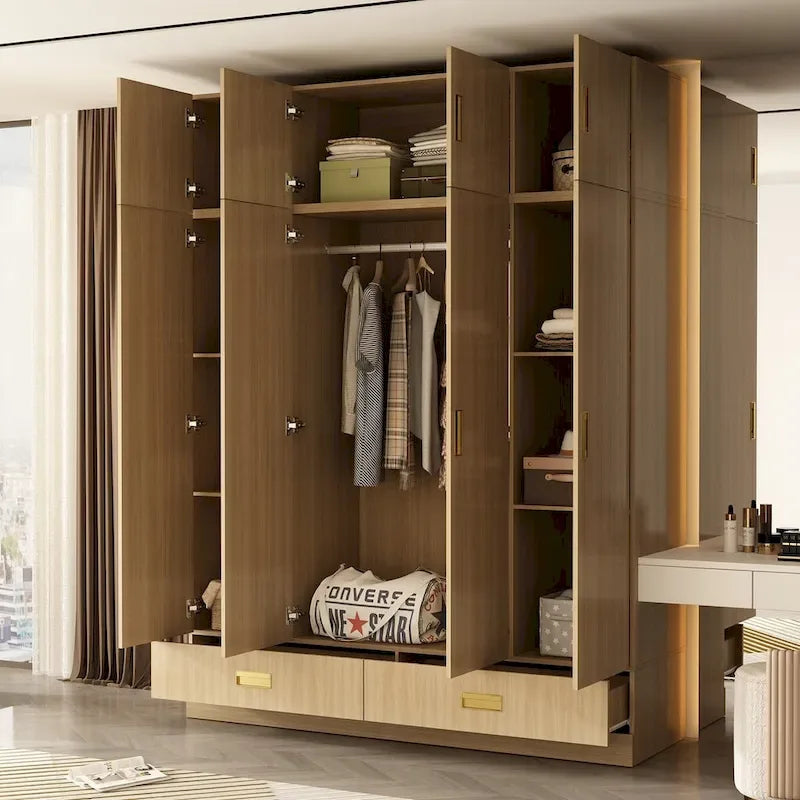 Wooden Wardrobe Closet with Gold Handles – Natural Wood, Adjustable Shelves & Hanging Rod, Single