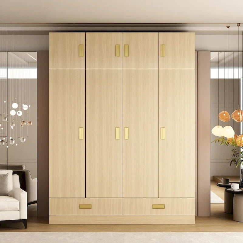 Wooden Wardrobe Closet with Gold Handles – Natural Wood, Adjustable Shelves & Hanging Rod, Single