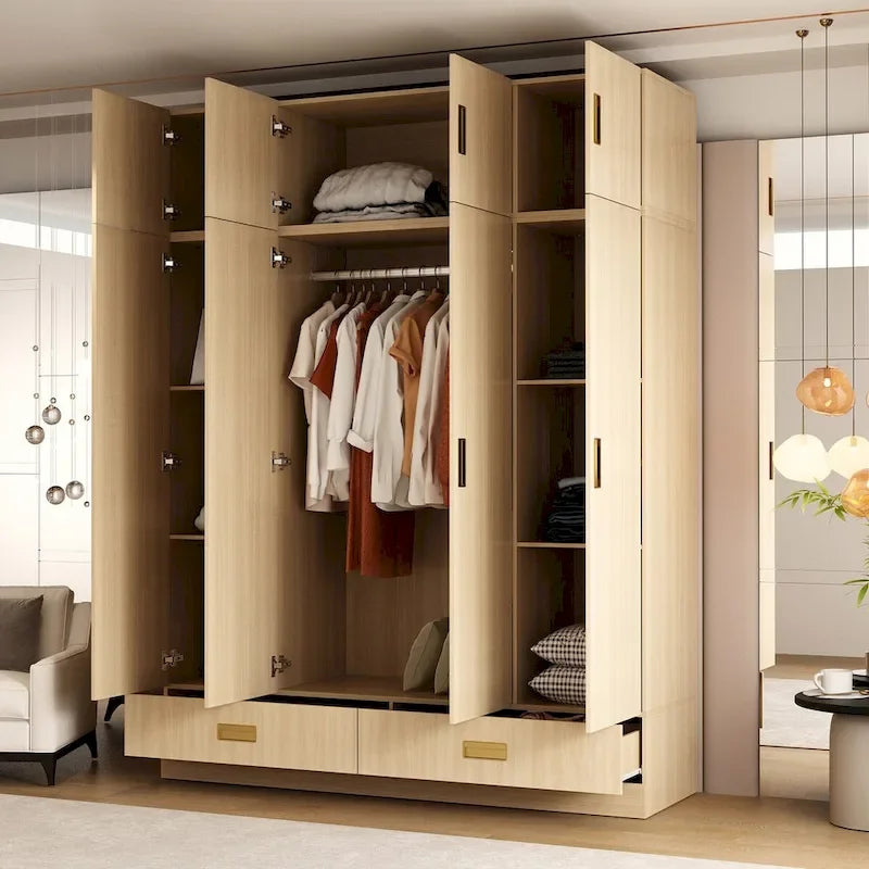 Wooden Wardrobe Closet with Gold Handles – Natural Wood, Adjustable Shelves & Hanging Rod, Single