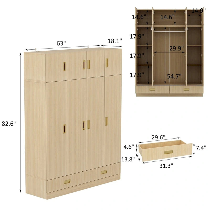 Wooden Wardrobe Closet with Gold Handles – Natural Wood, Adjustable Shelves & Hanging Rod, Single