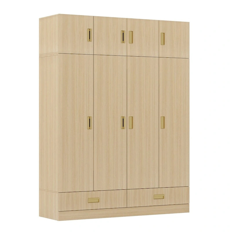 Wooden Wardrobe Closet with Gold Handles – Natural Wood, Adjustable Shelves & Hanging Rod, Single