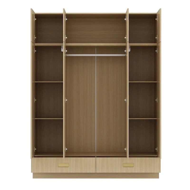 Wooden Wardrobe Closet with Gold Handles – Natural Wood, Adjustable Shelves & Hanging Rod, Single