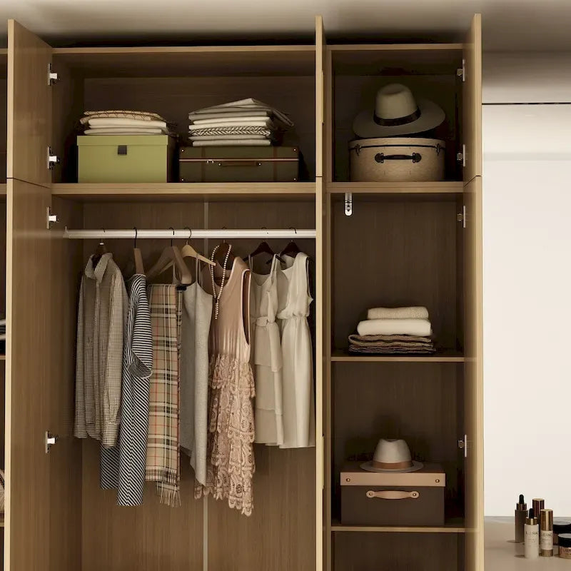 Wooden Wardrobe Closet with Gold Handles – Natural Wood, Adjustable Shelves & Hanging Rod, Single