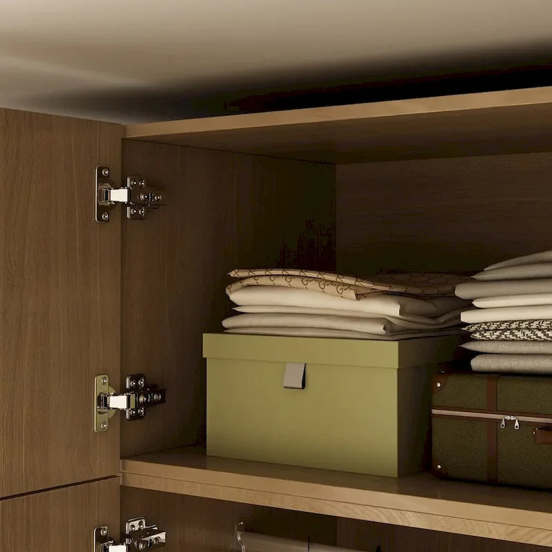 Wooden Wardrobe Closet with Gold Handles – Natural Wood, Adjustable Shelves & Hanging Rod, Single
