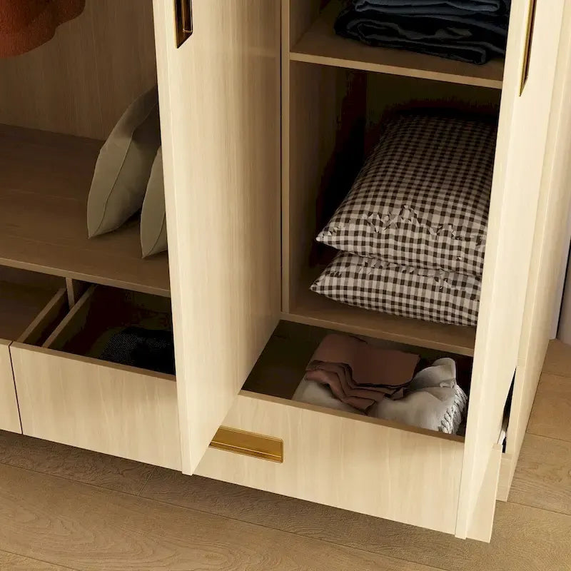 Wooden Wardrobe Closet with Gold Handles – Natural Wood, Adjustable Shelves & Hanging Rod, Single