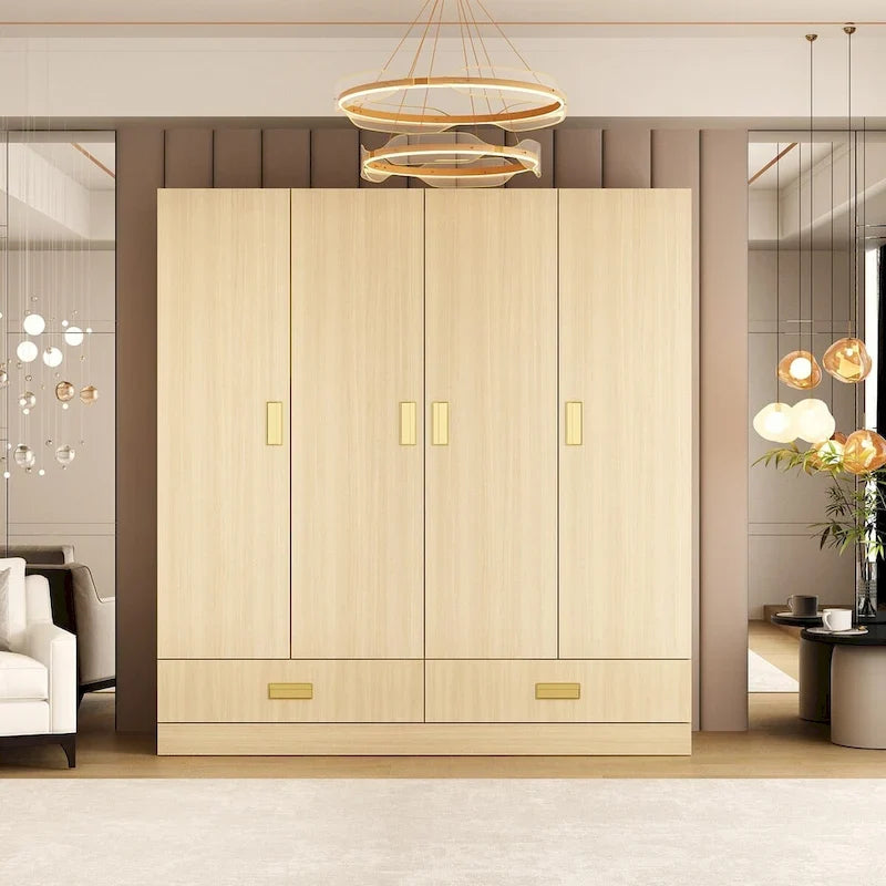 Wooden Wardrobe Closet with Gold Handles – Natural Wood, Adjustable Shelves & Hanging Rod, Single