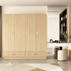 Wooden Wardrobe Closet with Gold Handles – Natural Wood, Adjustable Shelves & Hanging Rod, Single