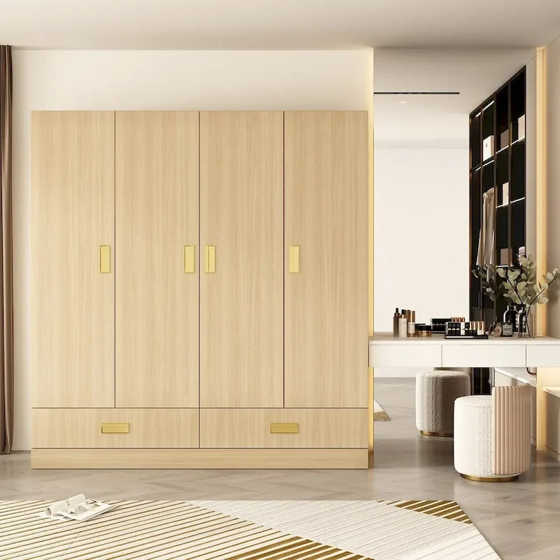 Wooden Wardrobe Closet with Gold Handles – Natural Wood, Adjustable Shelves & Hanging Rod, Single