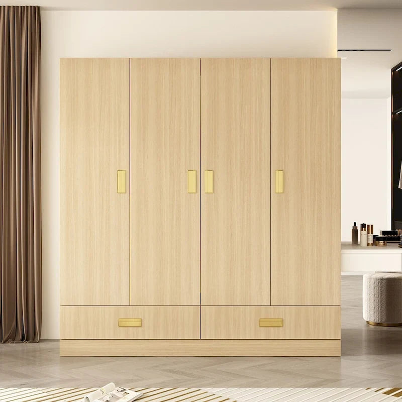 Wooden Wardrobe Closet with Gold Handles – Natural Wood, Adjustable Shelves & Hanging Rod, Single